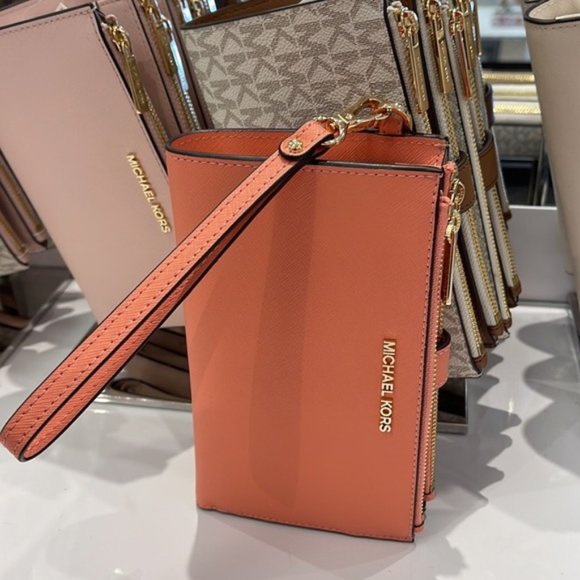 Michael Kors Jet Set Travel Leather Large Double Zip Wallet Wristlet Sherbert - Picture 6 of 16